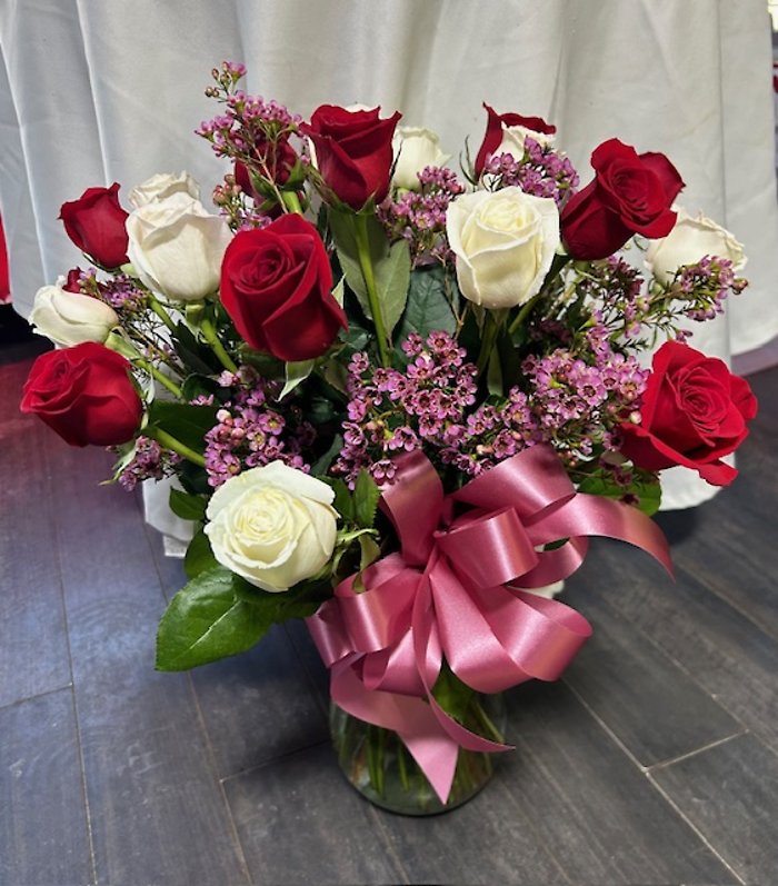 Red & White Roses with Wax Flower