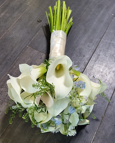 White Cala Lily & Blue Delphinium Bouquet