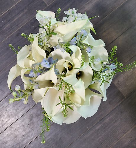 White Cala Lily & Blue Delphinium Bouquet